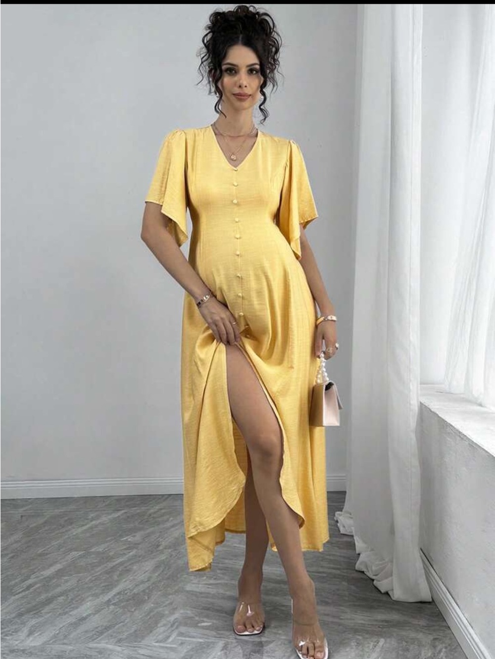 Elegant Yellow Maternity V-Neck Button-Front Maxi Dress